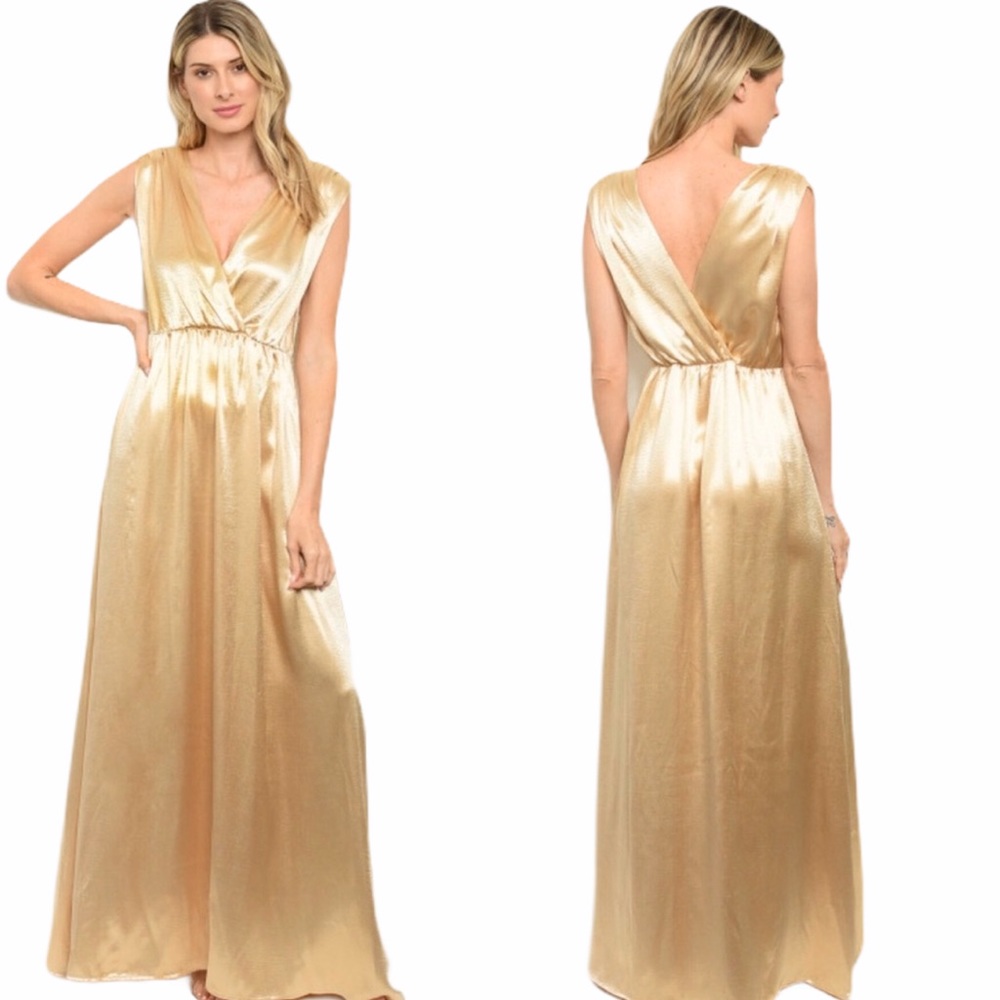Gold Sleeveless Plunge Neckline Satin Dress S-M-L - Picture 1 of 4